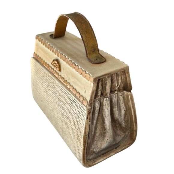 Resin Designer Beige Handbag With Metal Handle Decorative Trinket Box - Picture 2 of 6
